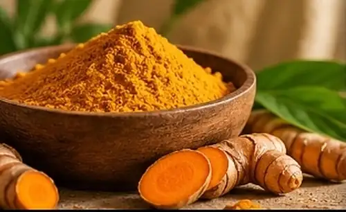 Bowl of turmeric powder with fresh roots